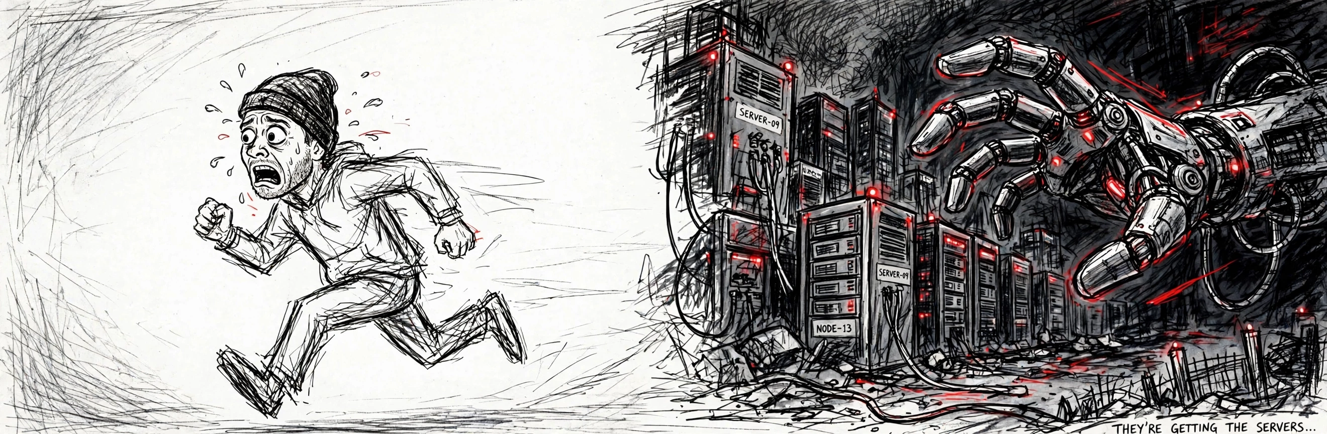 The doomer running from a giant robot hand, fleeing the dystopia